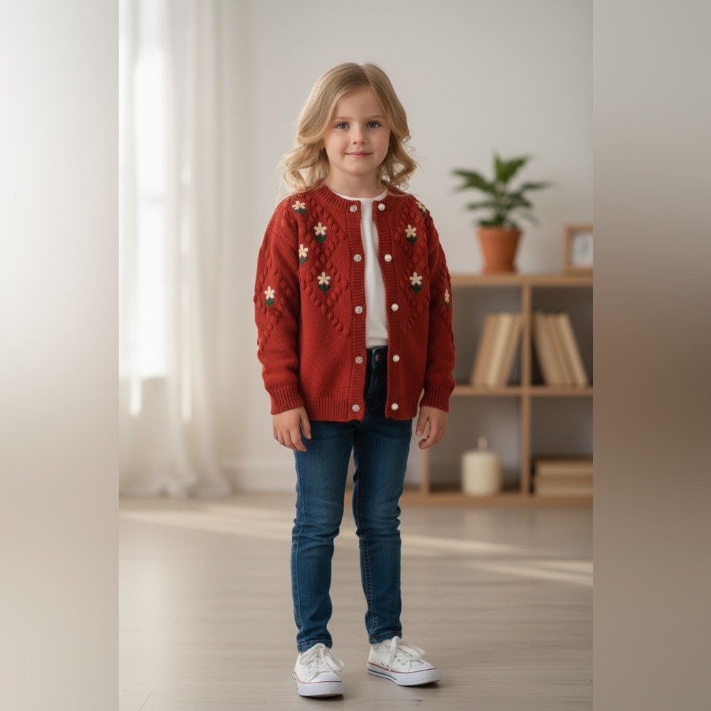 Chic Rust Cardigan with Floral Details